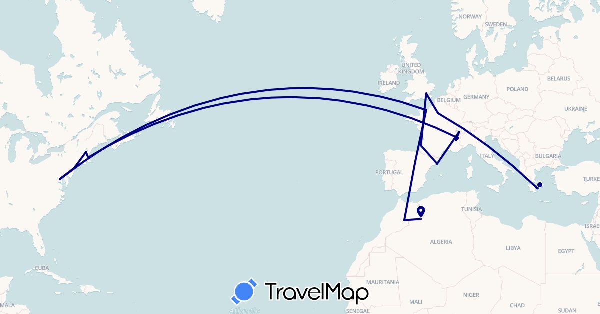 TravelMap itinerary: driving in Spain, France, United Kingdom, Greece, Morocco, United States (Africa, Europe, North America)